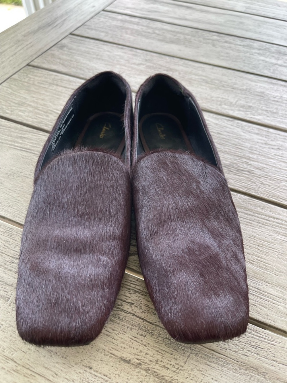Clarks Pure Dark Burgundy Haircalf Slip-On Loafers Womens Size 9.5